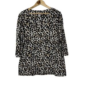 Chicos Tunic Top Leopard Print Jersey Size 3 US XL Scoop Neck 3/4 Sleeves Modal‎